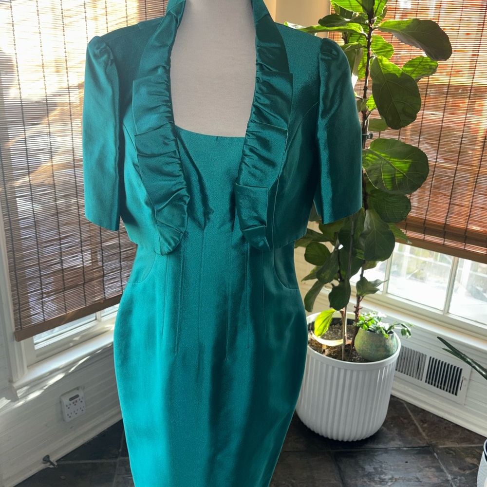 NWT Kay Unger Teal Midi Dress with Ruffle Detail Jacket